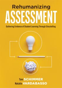 Rehumanizing Assessment: Gathering Evidence of Student Learning Through Storytelling by Tom Schimmer and Natalie Vardabasso; a lightbulb inside a circle, under a white pencil line and a white paper ball inside a circle.